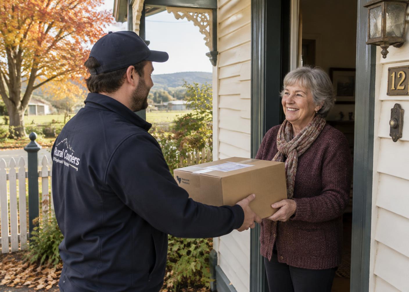 A local delivery driver handing a parcel to a smiling woman at her front door
