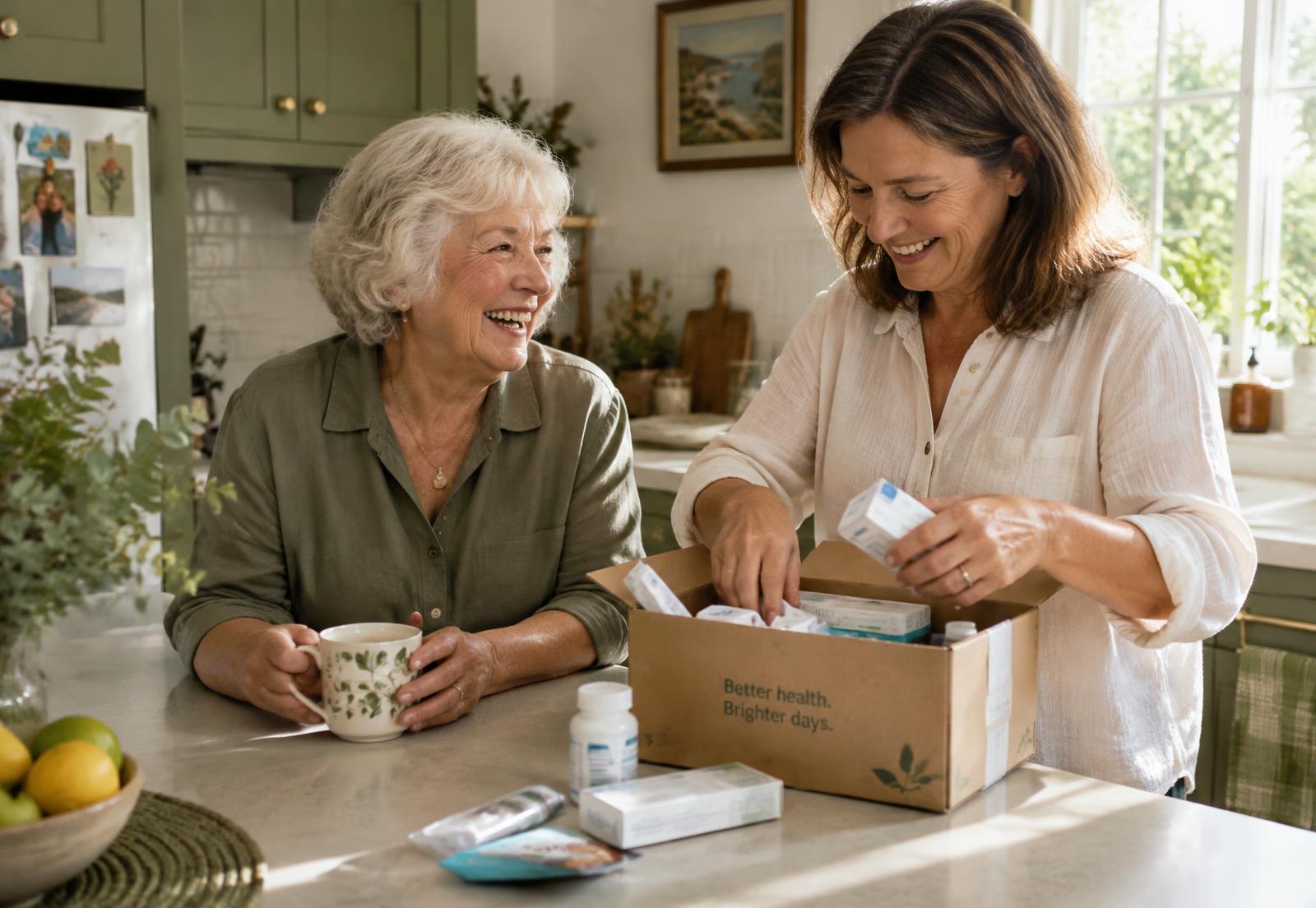 An older woman laughing with her daughter as they unpack a delivery of health supplies in her kitchen