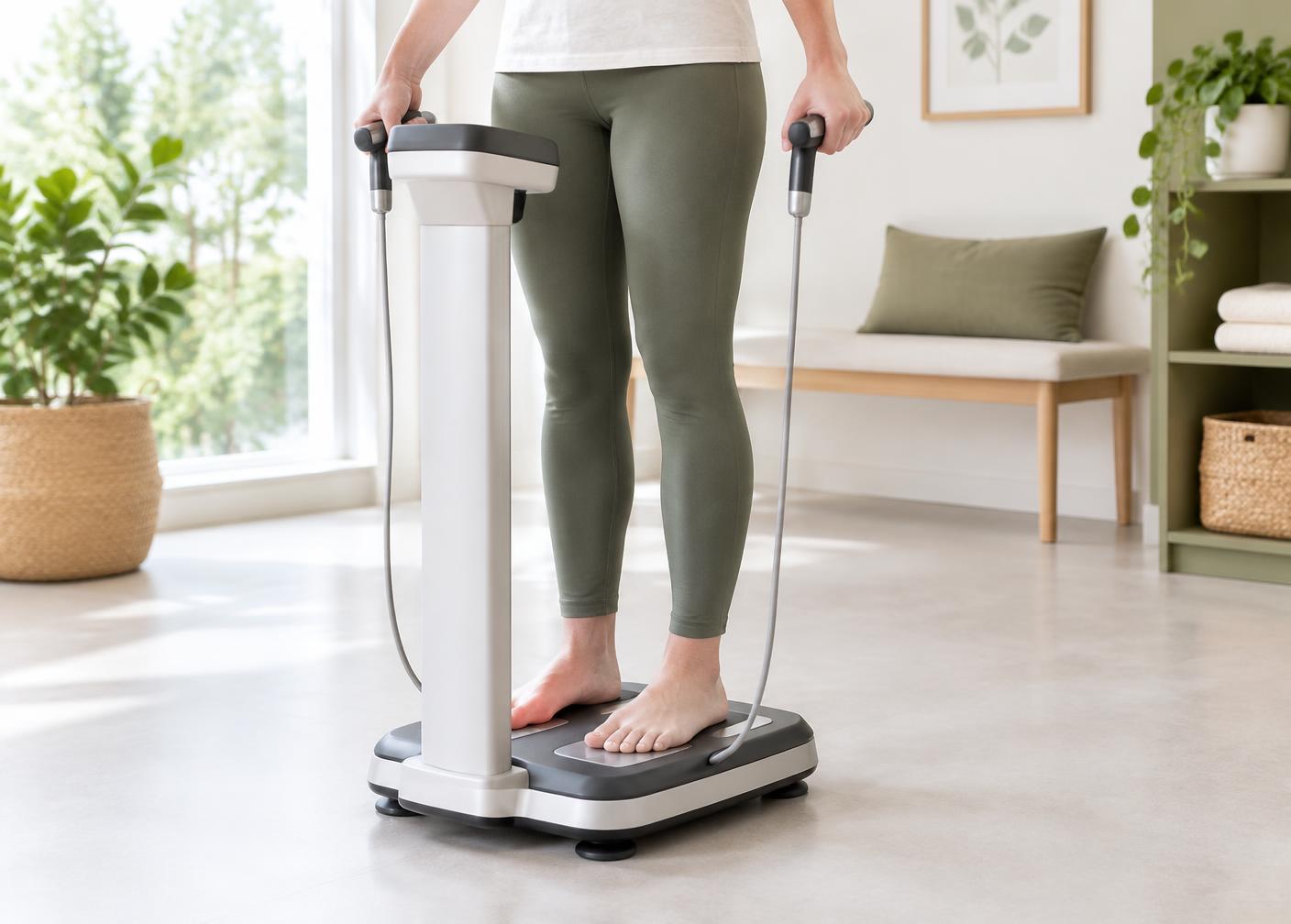 Illustration of a person standing on a body composition scanner and holding its handles